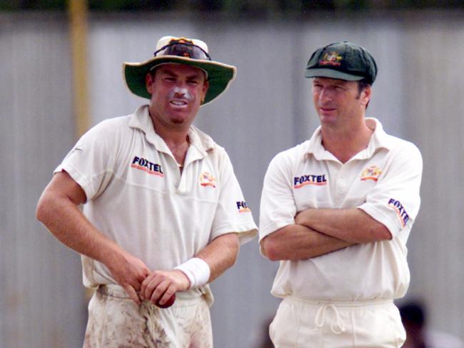 Cricketer Shane Warne with Steve Waugh.Cricket - Australia vs Sri Lanka first day of Second Test match at Galle International Stadium 22 Sep 1999. a/ct/Cricket/Australia/vs/Sri/Lanka