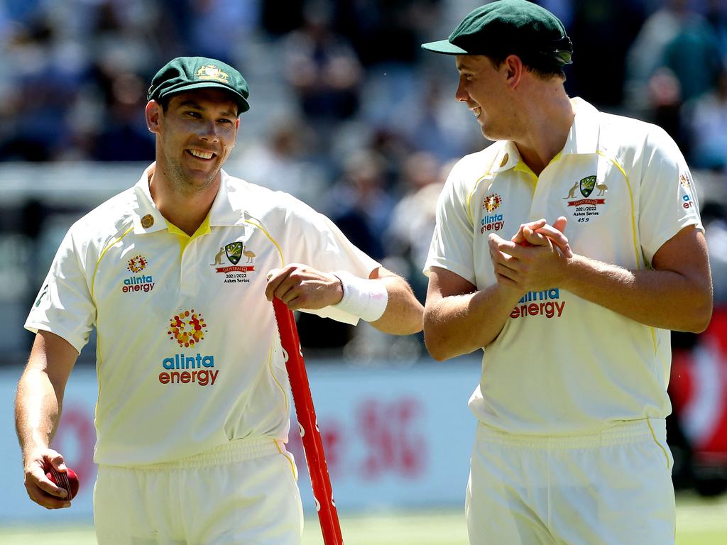 Scott Boland walks off the field with a teammate Cameron Green during the third Ashes cricket Test match at the Melbourne Cricket Ground. Picture: Hamish Blair/AFP