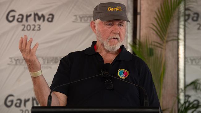 Klaus Helms CEO of Gumatj Corporation speaks on The Future Economy of North East Arnhem Land at the Garma Festival 2023. Picture: Pema Tamang Pakhrin