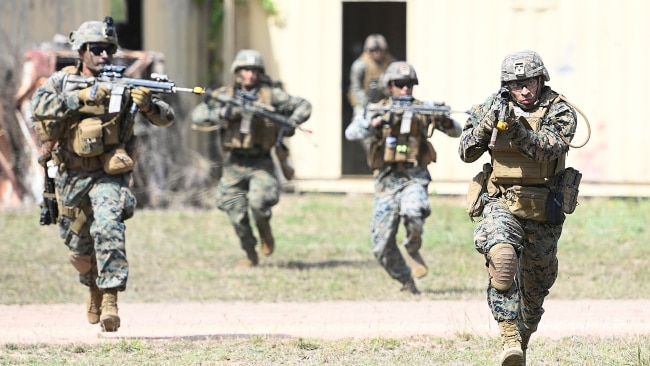 U.S Marines from MRF-D (Marine Rotaional Force Darwin) participate in an Urban assault as part of Exercise 'Talisman Sabre 21' on July 27 in Townsville. Senator Jim Molan has warned of a future war in the region. Picture: Getty