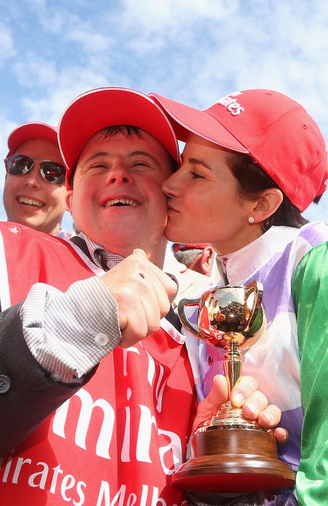 Michelle Payne kisses brother and strapper Stephen Payne. Picture: Getty Images