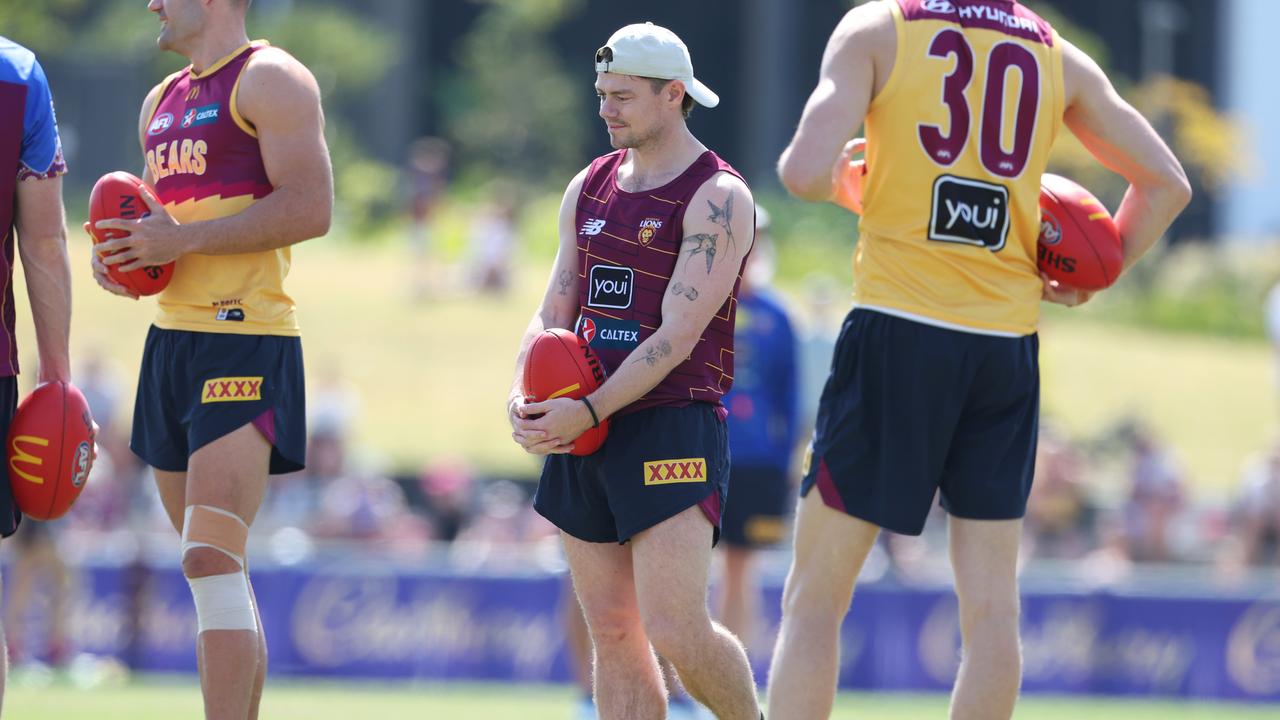 Lachie Neale watches on at the Lions’ final training session. Picture Lachie Millard