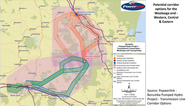 Powerlink's three proposed transmission line routes between Borumba Dam and Woolooga substation. Picture: Powerlink