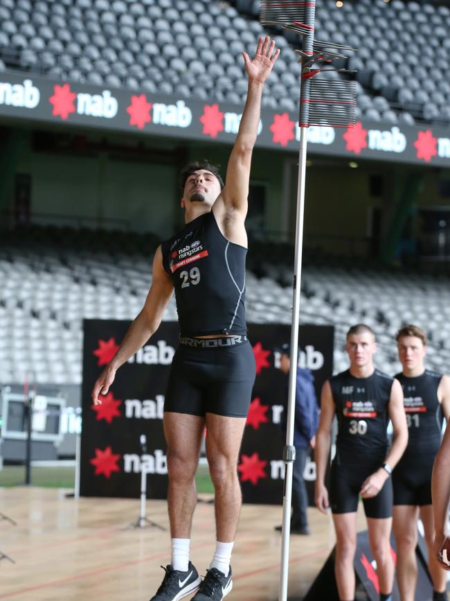 West Adelaide’s Izak Rankine during the vertical leap test at the 2018 AFL Draft Combine at Marvel Stadium in Melbourne last week. Picture: AAP Image/David Crosling