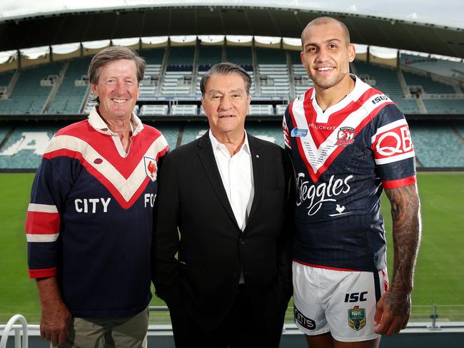 Blake Ferguson with Roosters chairman Nick Politis and club legend Russell Fairfax. Picture: Gregg Porteous