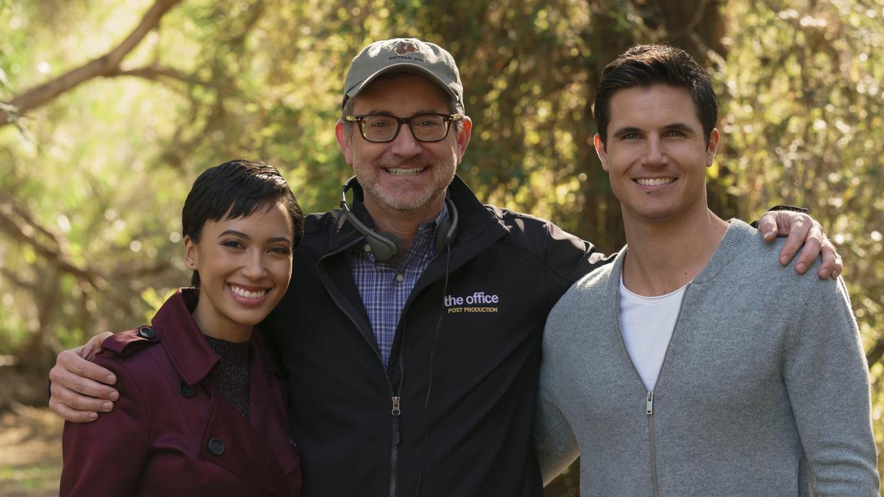 Greg Daniels on set with Andy Allo and Robbie Amell