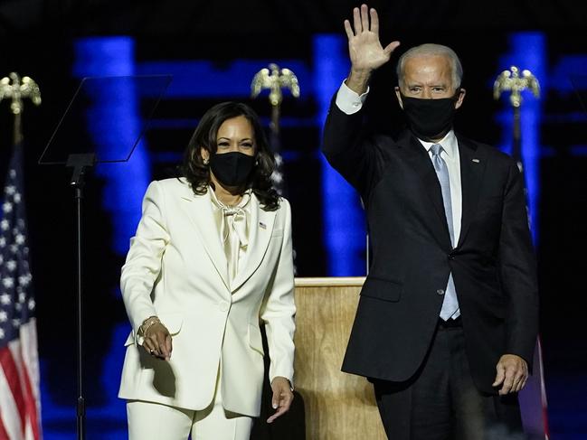 Joe Biden and Kamala Harris during their victory celebrations in the President-elect’s hometown of Wilmington, Delaware. Picture: AFP