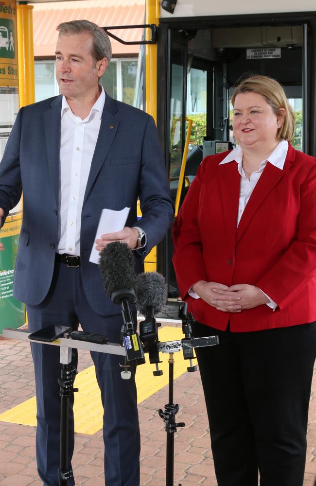 Infrastructure and Transport Minister Michael Ferguson and Metro CEO Katie Cooper at Moonah on Monday, September 25, 2023.