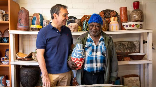 SA Premier Steven Marshall with artist Pepai Jangala Carroll in Ernabella Arts at Pukatja.