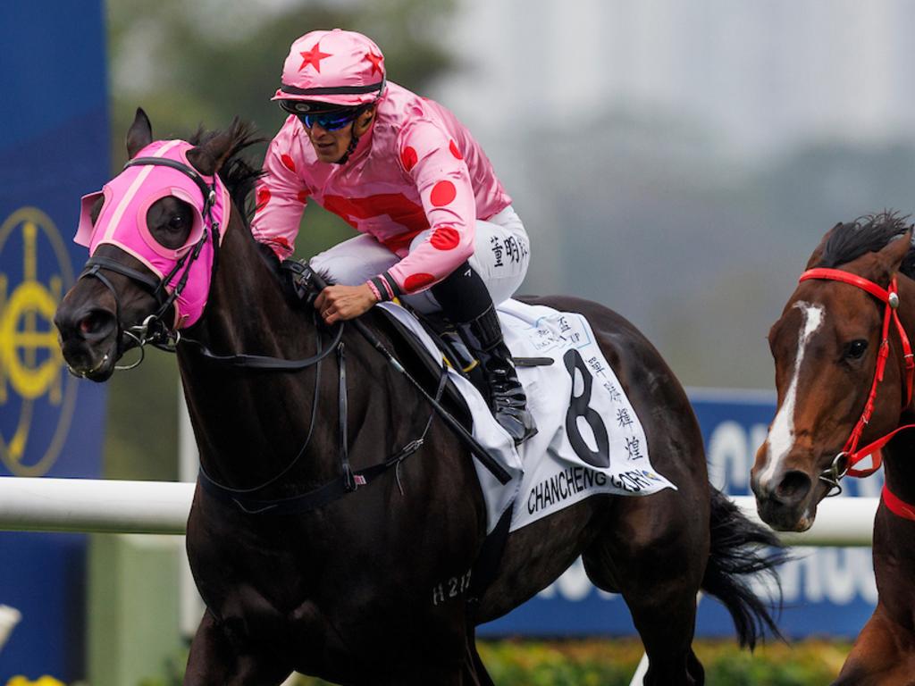 Chancheng Glory (pink silks) finishes second in the Hong Kong Classic Cup. Picture: HKJC