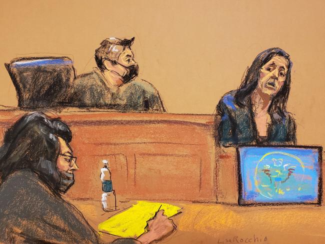 This courtroom sketch shows Ghislaine Maxwell taking notes in court during testimony of Lisa Rocchio, a forensic psychologist. Picture: AFP