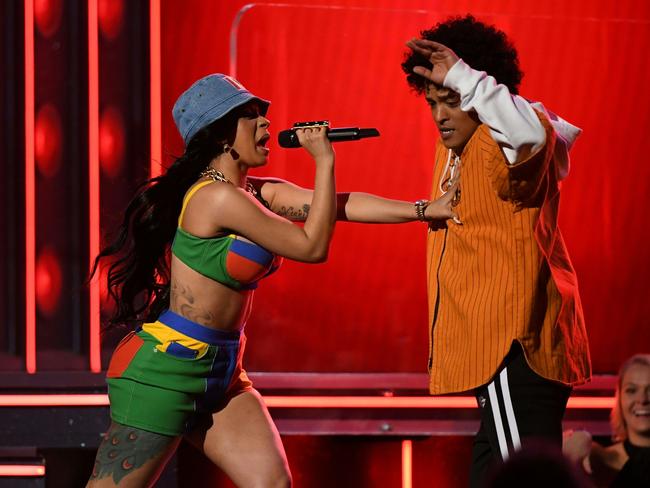 Cardi B (L) and Bruno Mars (R) performs during the 60th Annual Grammy Awards. Picture: AFP