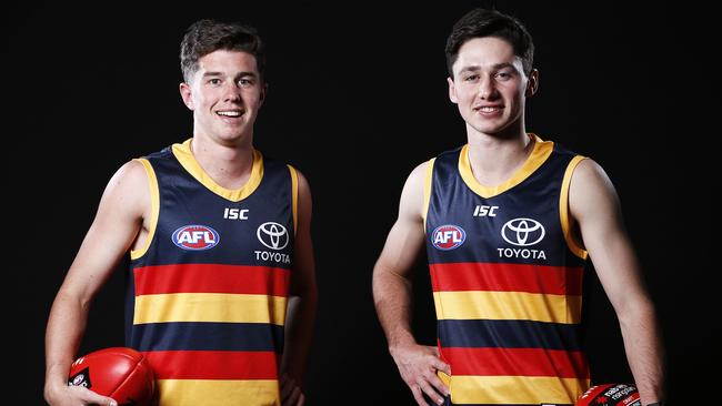 Adelaide’s number 16 draft pick Ned McHenry, left, and number 9 pick Chayce Jones. Picture: AAP Image/Daniel Pockett