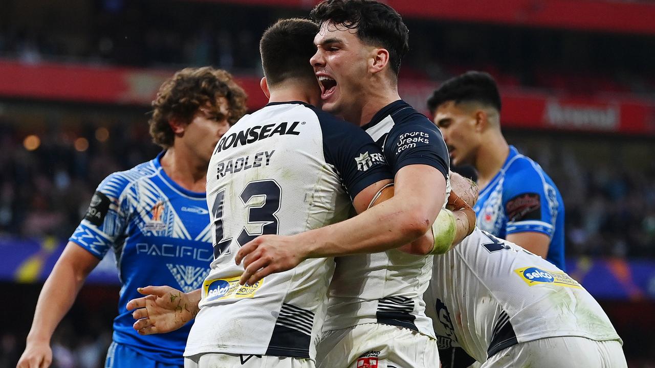 Herbie Farnworth celebrates one of his two tries against Samoa. Picture: Gareth Copley/Getty Images