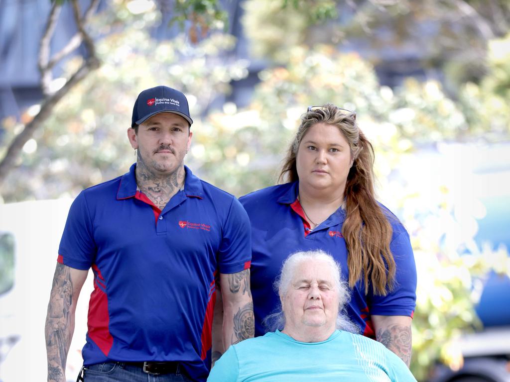 Rob and Nicole Blachut with mum Rosemary Blachut, PA Spinal Ward whistleblower, outside hospital at the main entrance, PA Hospital, Ipswich Rd, Woolloongabba – Photo Steve Pohlner