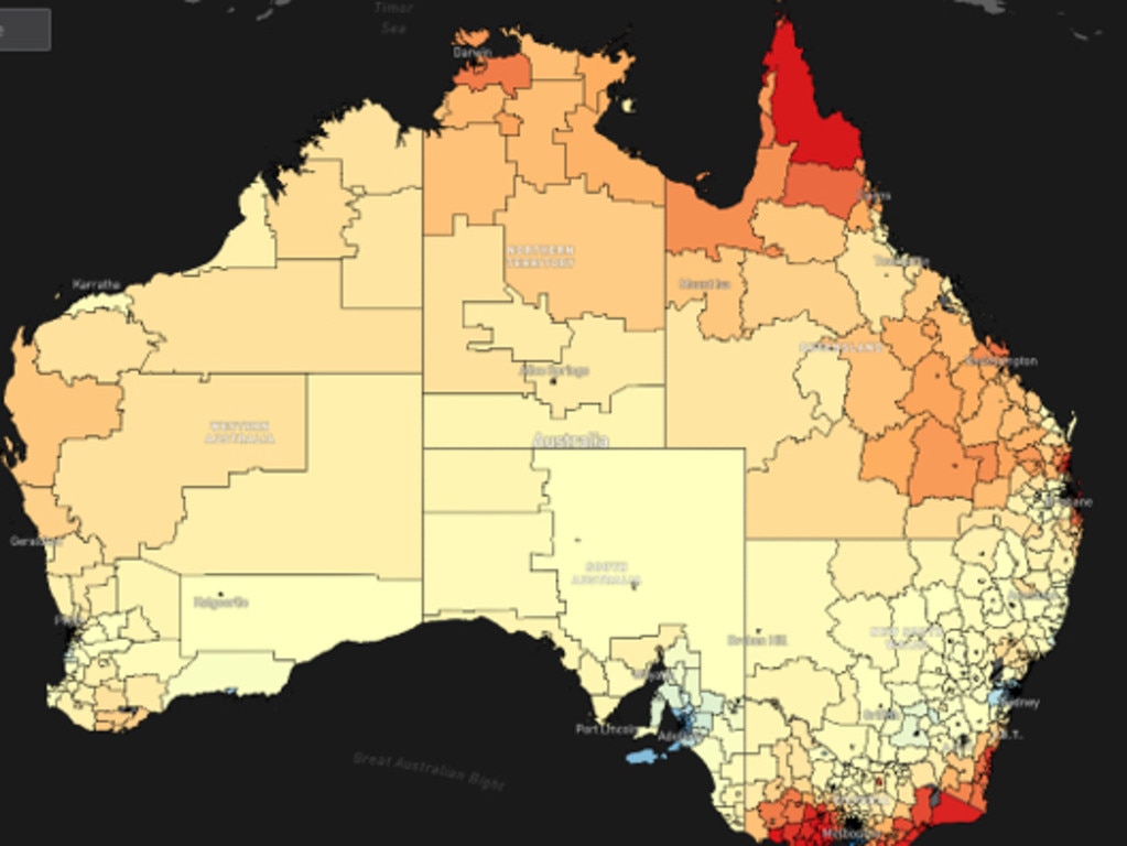 Map shows regions with the highest number of deaths from prostate cancer. Picture: Australian Cancer Atlas