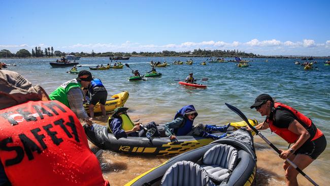 Generic photos of the Rising Tide protesters as they take to the water in attempt to blockade the access to the Newcastle coal port. It is not suggested anyone pictured entered into the exclusion zone or were arrested by police. Picture: Getty Images