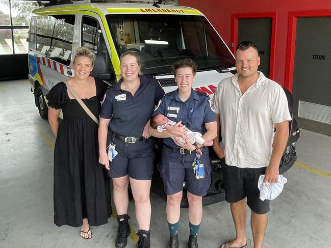 Alannah Ellery, Lucy Montague, Amy Hopkins and Mark Ratcliffe with baby Willow. Supplied