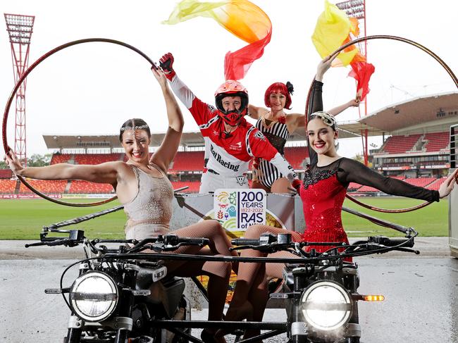 DAILY TELEGRAPH - 7 APRIL, 2022. ROYAL EASTER SHOW PREVIEW. Cirqular Entertainment performers L-R Shaunah Johnson, Kylie Simpson (red hair) and Kasey Parker with Flair Action Sports rider Jack Field (C) who will perform daily at the main arena. Picture: Toby Zerna