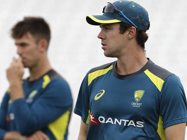 LONDON, ENGLAND - SEPTEMBER 11: Mitch Marsh and Travis Head of Australia look on during the Australia Net Session at The Kia Oval on September 11, 2019 in London, England. (Photo by Ryan Pierse/Getty Images)