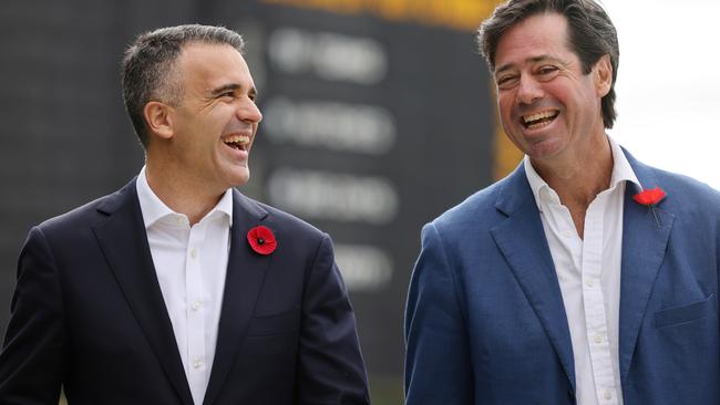 AFL CEO Gillon McLachlan and SA Premier Peter Malinauskas arrive at the Adelaide Oval f for the Magic Round announcement. Picture: NCA NewsWire / David Mariuz