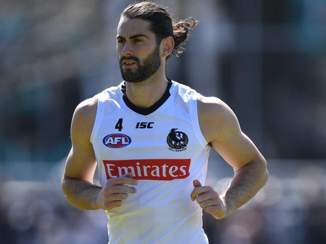 Collingwood Magpies player Brodie Grundy is seen during an open team training session at Olympic Park Oval in Melbourne, Thursday, September 27, 2018. The Collingwood Magpies face the West Coast Eagle in the AFL Grand Final at the MCG on Saturday afternoon. (AAP Image/Julian Smith) NO ARCHIVING