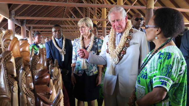 Prince Charles and Julie Bishop visit a market in Port Vila. Picture: AFP