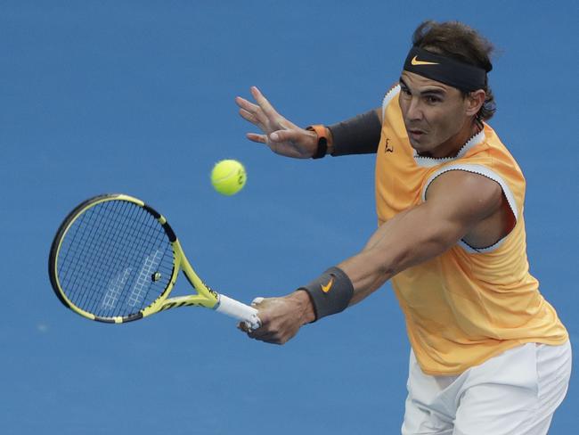 Rafael Nadal of Spain in action during his men's singles final match against Novak Djokovic of Serbia at the Australian Open Grand Slam tennis tournament in Melbourne, Australia, 27 January 2019. (AAP Image/Lynn Bobo) NO ARCHIVING, EDITORIAL USE ONLY