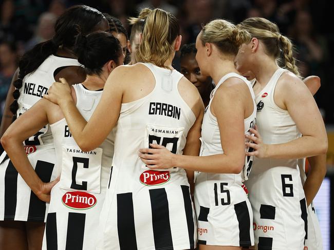 MELBOURNE, AUSTRALIA - JUNE 12: The Magpies huddle after the round 13 Super Netball match between Melbourne Vixens and Collingwood Magpies at John Cain Arena, on June 12, 2023, in Melbourne, Australia. (Photo by Daniel Pockett/Getty Images)