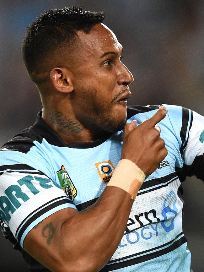 Ben Barba celebrates after scoring a try during the Sharks’ grand final win over Storm this year. Picture: AAP