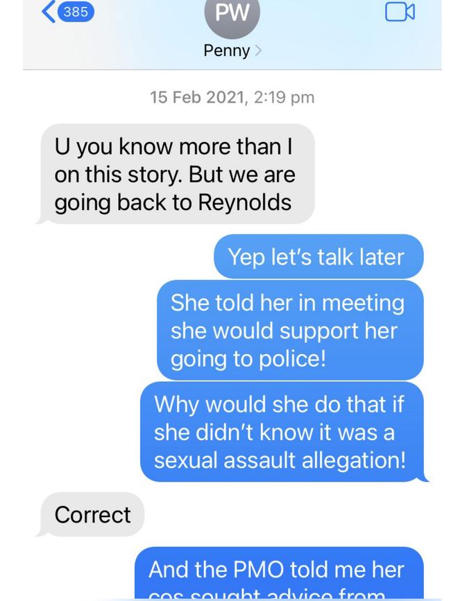 A text message exchange between journalist Samantha Maiden and Penny Wong.