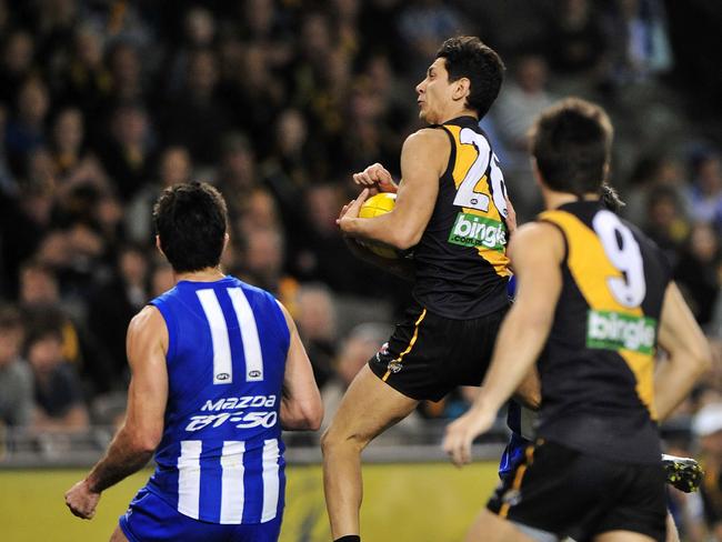 Richmond v North Melbourne. Etihad Stadium. Robin Nahas mark not paid as Michael Firrito spoils.