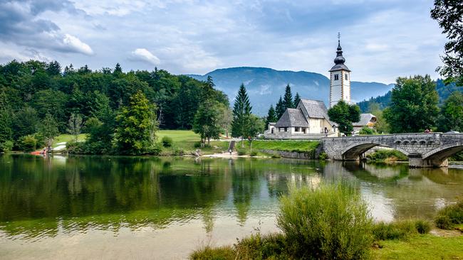 The Church of St John the Baptist on the shore of Lake Bohinj.