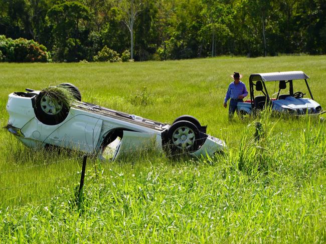 Emergency services are at the scene of a car rollover off the Bruce Highway between Kuttabul and Mt Ossa, north of Mackay, January 1, 2023. Picture: Heidi Petith