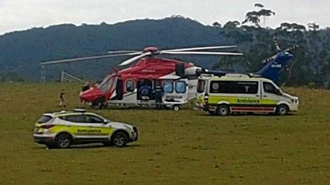 Paramedics treat a man injured after a gas cylinder exploded on Monday. Photo courtesy of Cobb & Co Nine Mile Camping Grounds Facebook page. Picture: Contributed