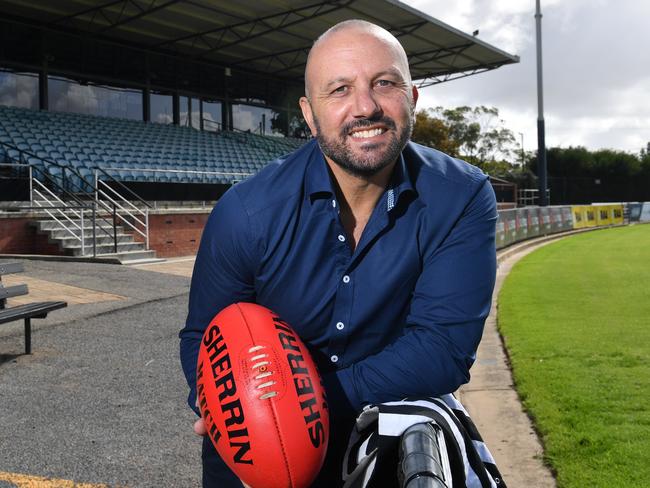 Former Port Adelaide SANFL (1985-97) player George Fiacchi poses for a photograph at Alberton Oval, Alberton, Adelaide on Friday the 1st of May 2020.  George has outlined a plan to help the Magpies remain in the SANFL. (Keryn Stevens/AAP)