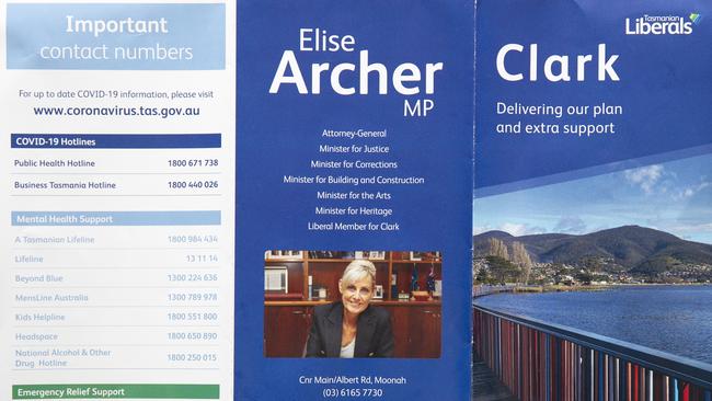 Tasmanian Liberal campaign pamphlet for Clark showing only Elise Archer as a candidate.