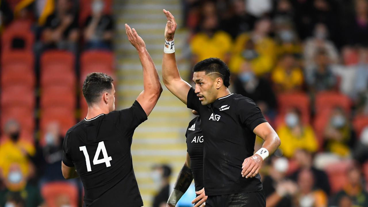 Rieko Ioane celebrates during the All Blacks’ win over Argentina, which took them closer to winning the Rugby Championship. Photo: Getty Images