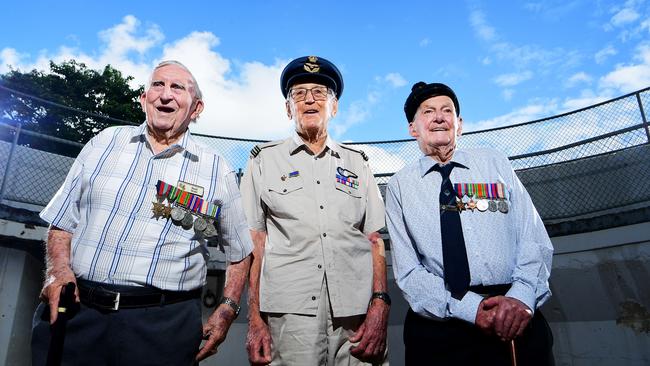 Bombing of Darwin veterans Basil Stahl, 96, from the 2nd field survey corp, Brian Winspear, 99, RAAF air gunner and Mervyn Ey, 97, from the 27th Scottish Infantry Batallion, at the East Point Gun turret. Picture: Justin Kennedy