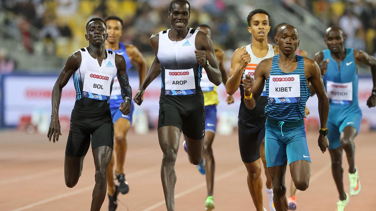 Australia’s Peter Bol (left), Canada's Marco Arop (middle) and Kenya's Noah Kibet (right) compete during the men's 800m event at the IAAF Diamond League athletics Doha meeting earlier this month. Photo: AFP