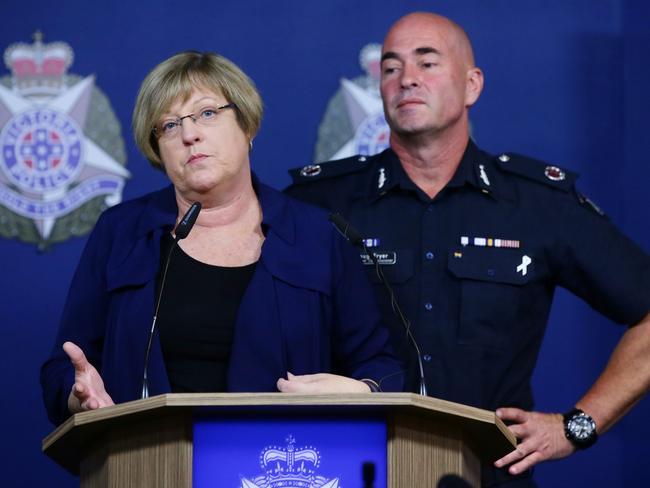 Police Minister Lisa Neville and Victoria’s top traffic cop Assistant Commissioner Doug Fryer at a press conference about the speed camera issues. Picture Norm Oorloff