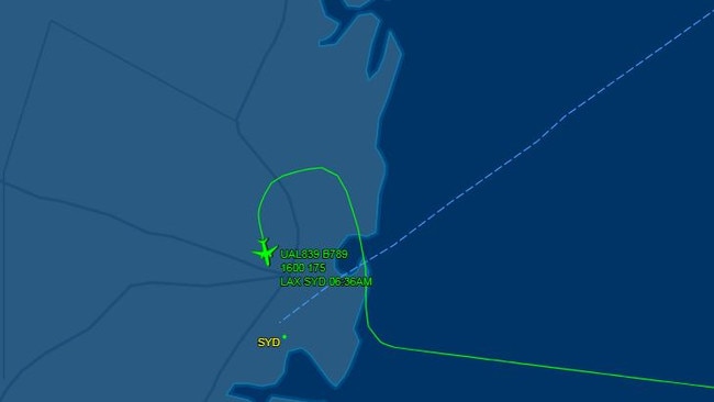 A Flight Aware tracker image of the path taken by United Airlines 839 on approach to Sydney this morning.