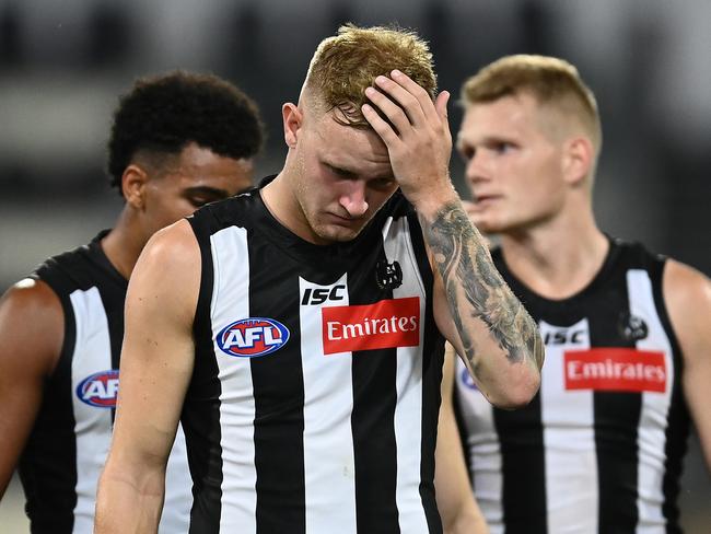 BRISBANE, AUSTRALIA - OCTOBER 10: Jaidyn Stephenson of the Magpies look dejected after the AFL First Semi Final match between the Geelong Cats and the Collingwood Magpies at The Gabba on October 10, 2020 in Brisbane, Australia. (Photo by Quinn Rooney/Getty Images)