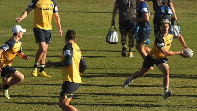 Dylan Brown and Jai Field work on their combination at Eels training. Picture: Brett Costello