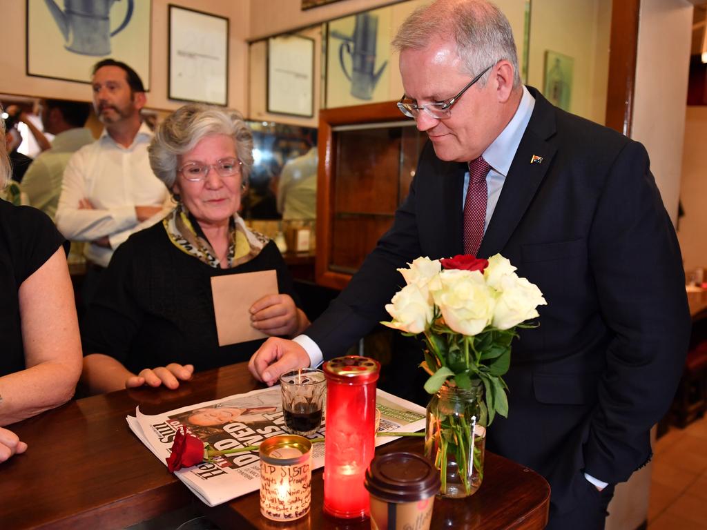 Prime Minister Scott Morrison pays his respect today. Picture: Jake Nowakowski