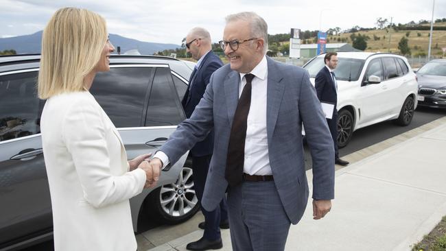 Prime Minister Anthony Albanese appears at a press conference in Hobart with Labor's Candidate for Lyons, Rebecca White. Picture: NewsWire / Eddie Safarik