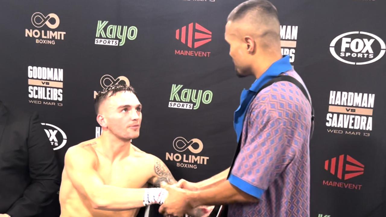 Mark Schleibs came to congratulate Sam Goodman during his press conference. Picture: Jai McAllister Boxing