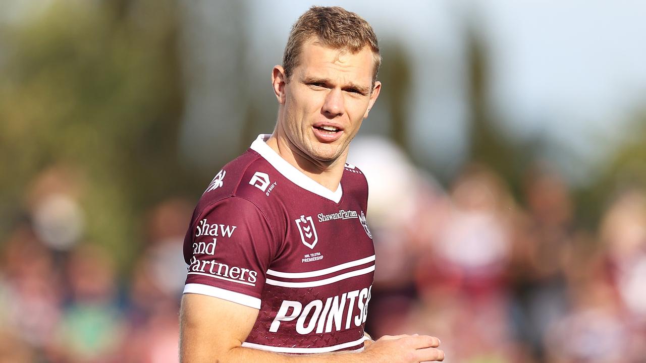 MUDGEE, AUSTRALIA - APRIL 02: Tom Trbojevic of the Sea Eagles looks on during the warm-up before the round four NRL match between the Manly Sea Eagles and the Canberra Raiders at Glen Willow Sporting Complex, on April 02, 2022, in Mudgee, Australia. (Photo by Mark Kolbe/Getty Images)
