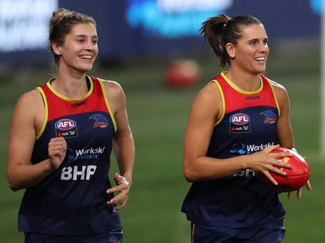 Jasmyn Hewett with Chelsea Randall at training. Picture: Adelaide Crows.