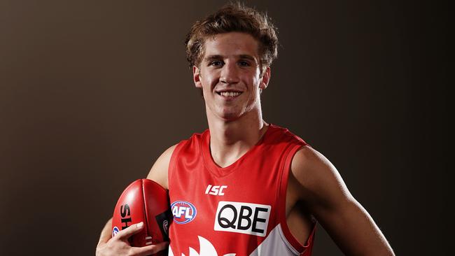 Number 5 draft pick Dylan Stephens of the Sydney Swans poses for a photograph during the first round of the 2019 AFL Draft at Marvel Stadium in Melbourne, Wednesday, November 27, 2019. (AAP Image/Scott Barbour) NO ARCHIVING